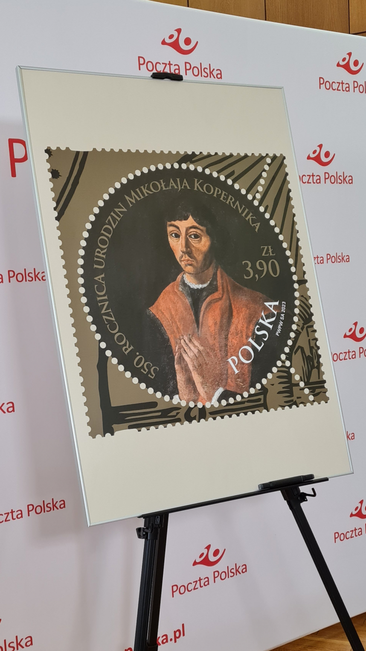 Portret Kopernika z epitafium w katedrze fromborskiej na znaczku pocztowym