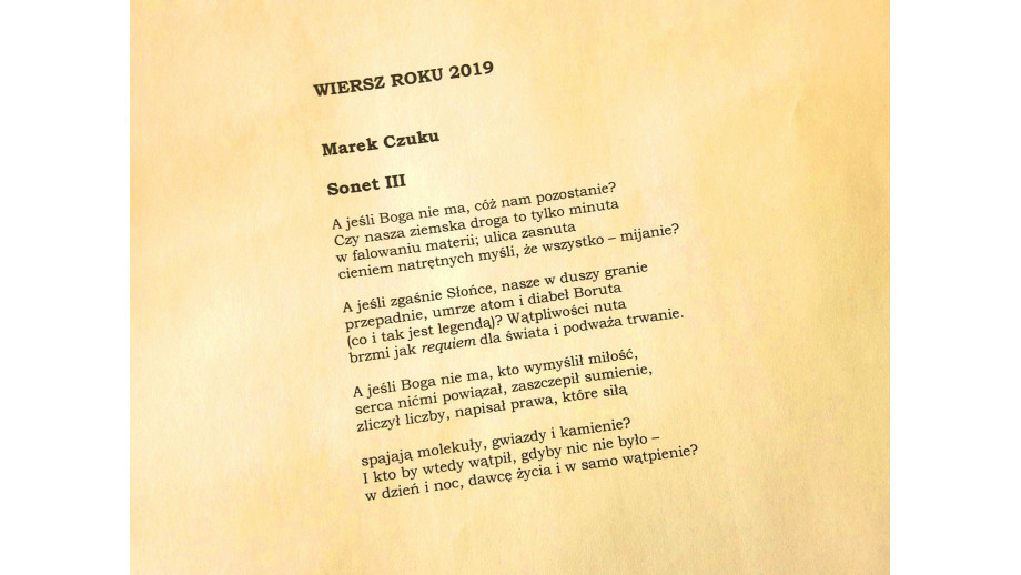 "Sonet III" Marka Czuku Wierszem Roku 2019